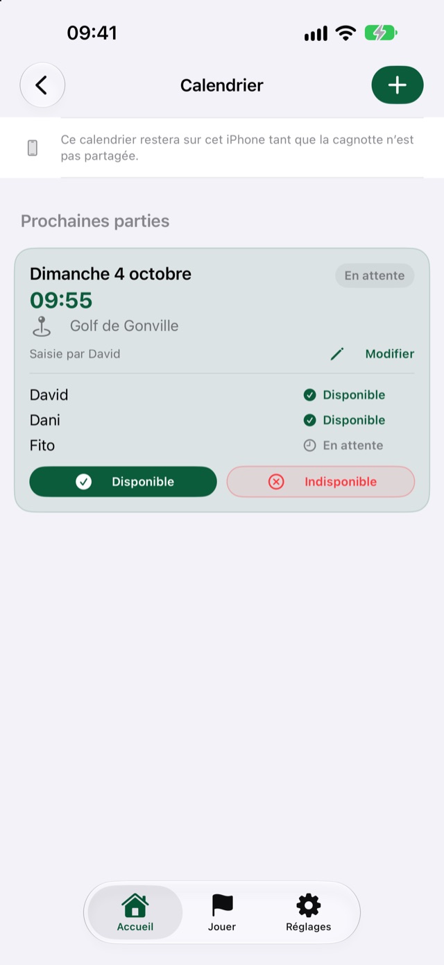 Calendrier d’une cagnotte avec les disponibilités des joueurs
